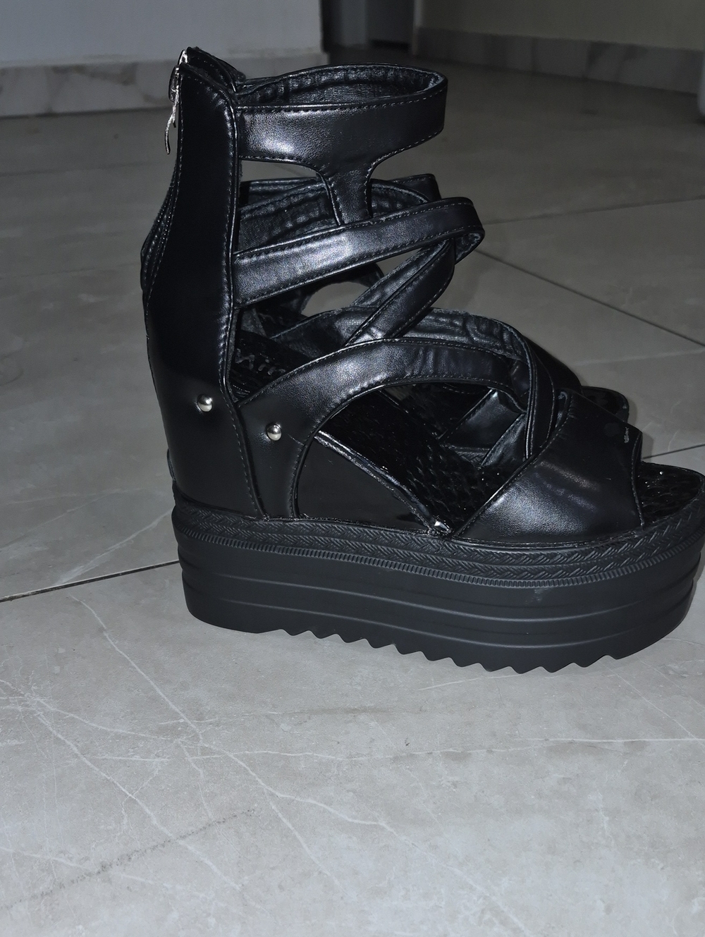 Black Strappy Platform Wedge Sandals with Back Zip - Women